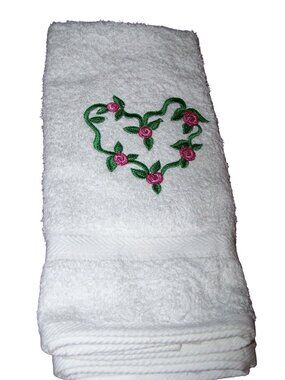 Kitchen Towel Embroidered 100%  Set 1 Cotton Terry Green Heart  Pink & Red Flowe